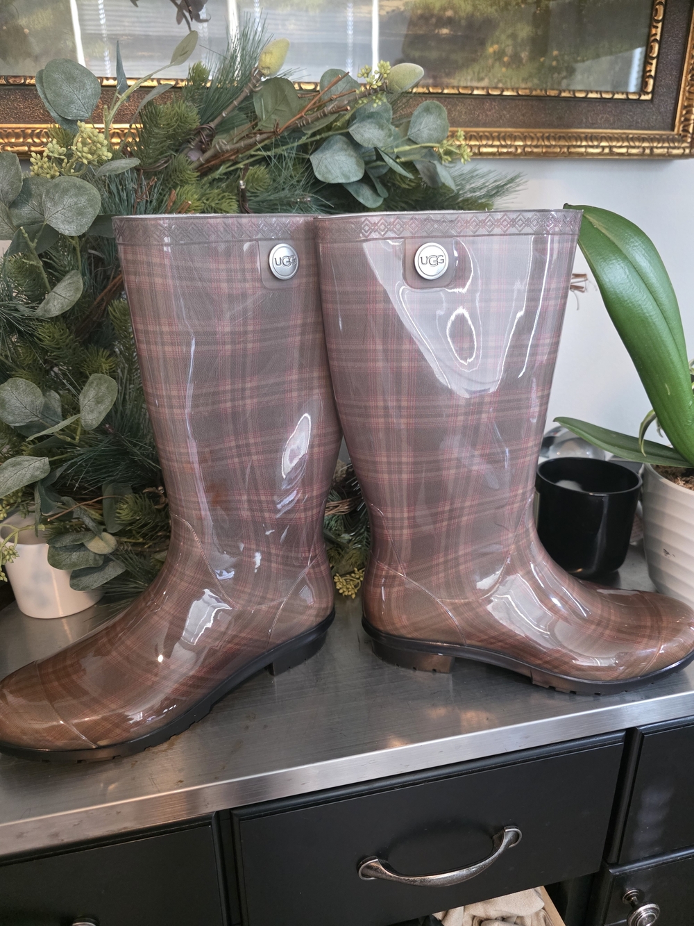 UGG Glossy Plaid Rain Boots in Mauve and Brown